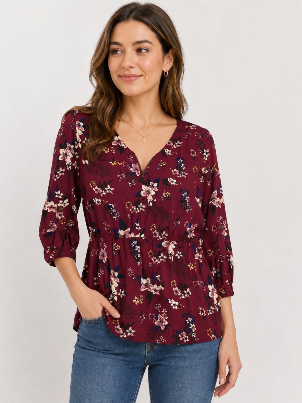 Maurices Blouse Womens Medium Burgundy Floral Zip Detail Roll Tab Sleeves Top